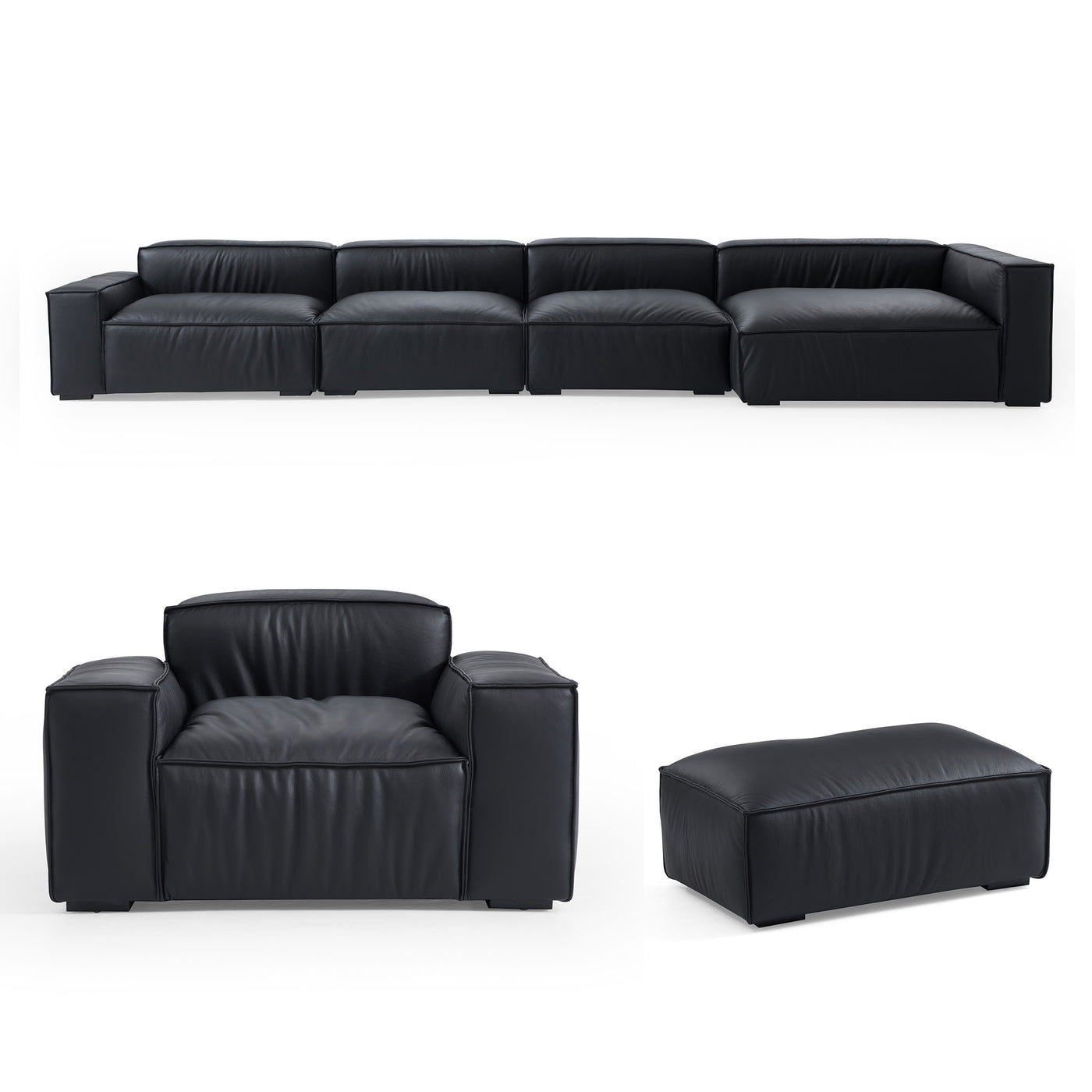 Luxury Minimalist Black Leather Sectional Set-Black-185″-Facing Right