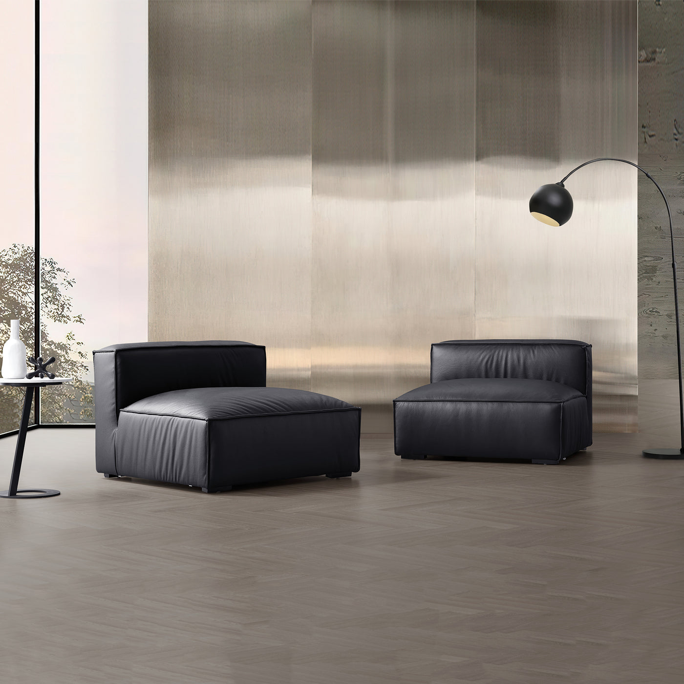 Luxury Minimalist Leather Black Sofa and Ottoman-Black
