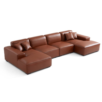 Domus Modular Beige Leather Double Chaise Sectional-Brown-157.5″