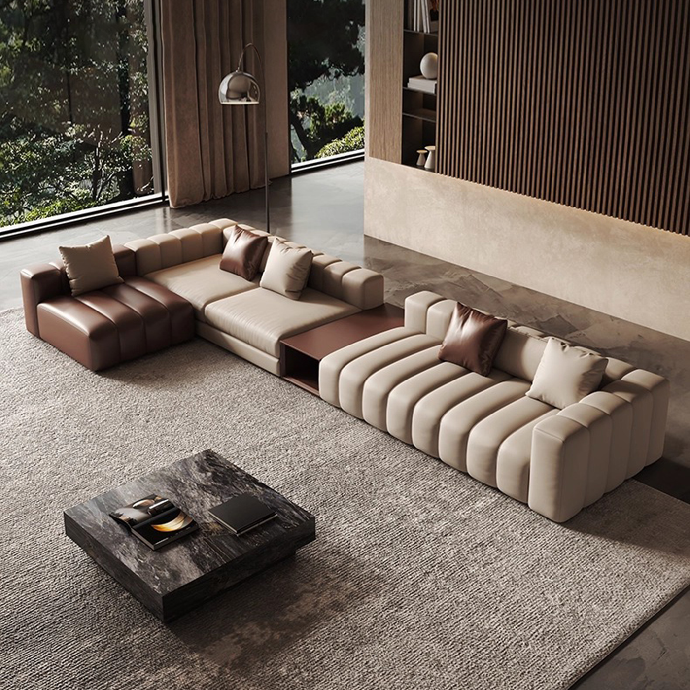 Piano L Shaped Leather Sectional Sofa with Coffee Table-Beige & Brown