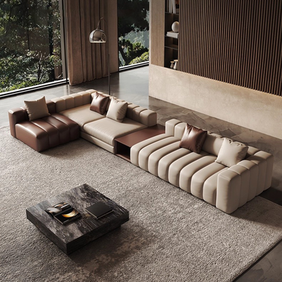 Piano L Shaped Leather Sectional Sofa with Coffee Table-Beige & Brown