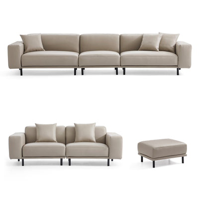 Noble Dark Gray Leather Sofa Set and Ottoman-Beige-144.9″