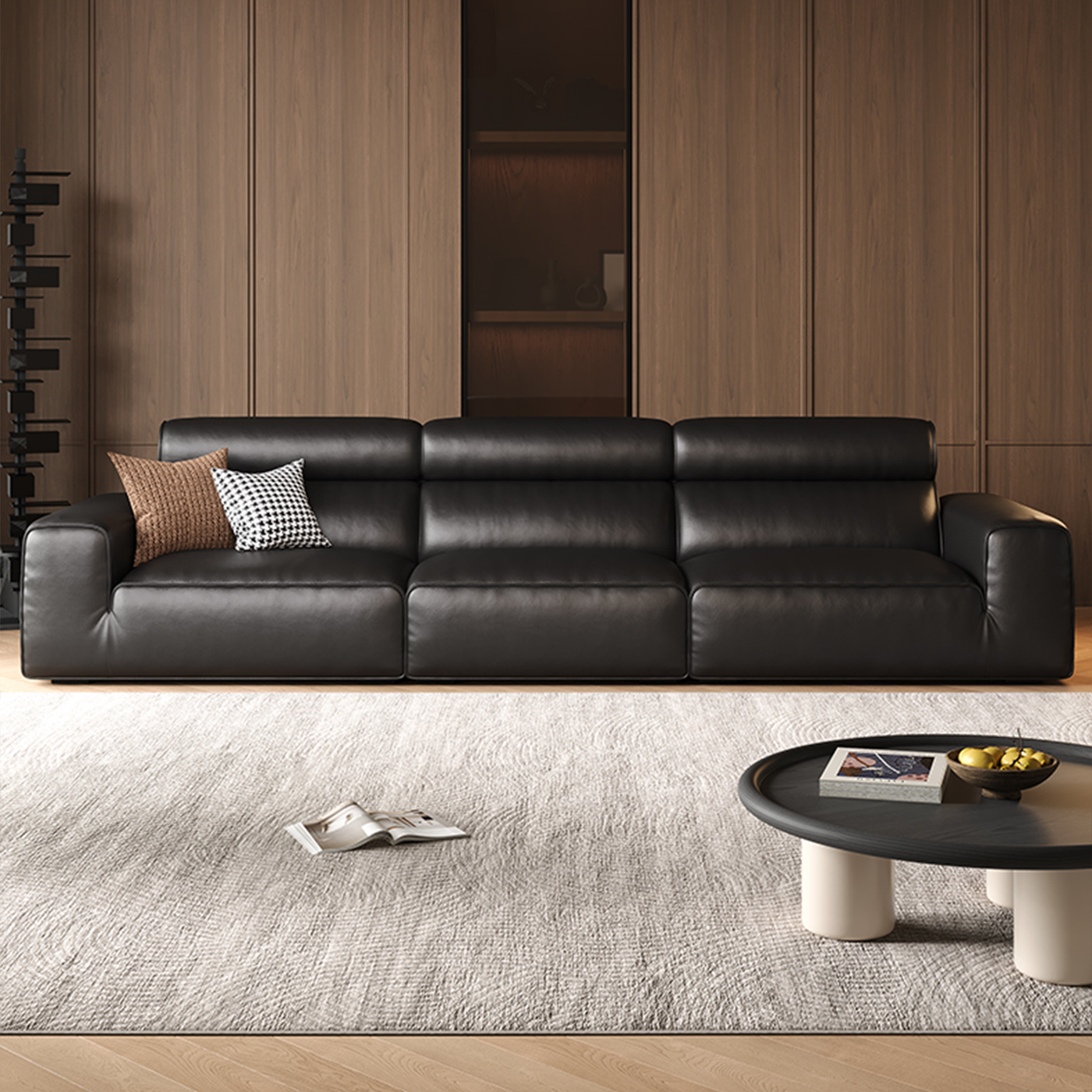 Domus High-Back Modular Leather Sofa-Black-129.9"