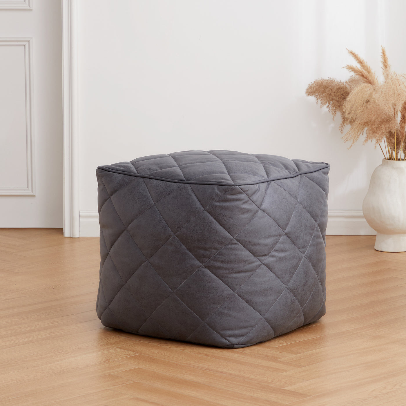 Brody Brown Leathaire Square Pouf-Dark Gray