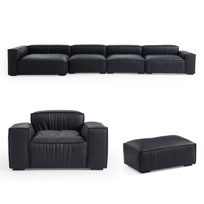 Luxury Minimalist Black Leather Sectional Set-Black-185″-Facing Left