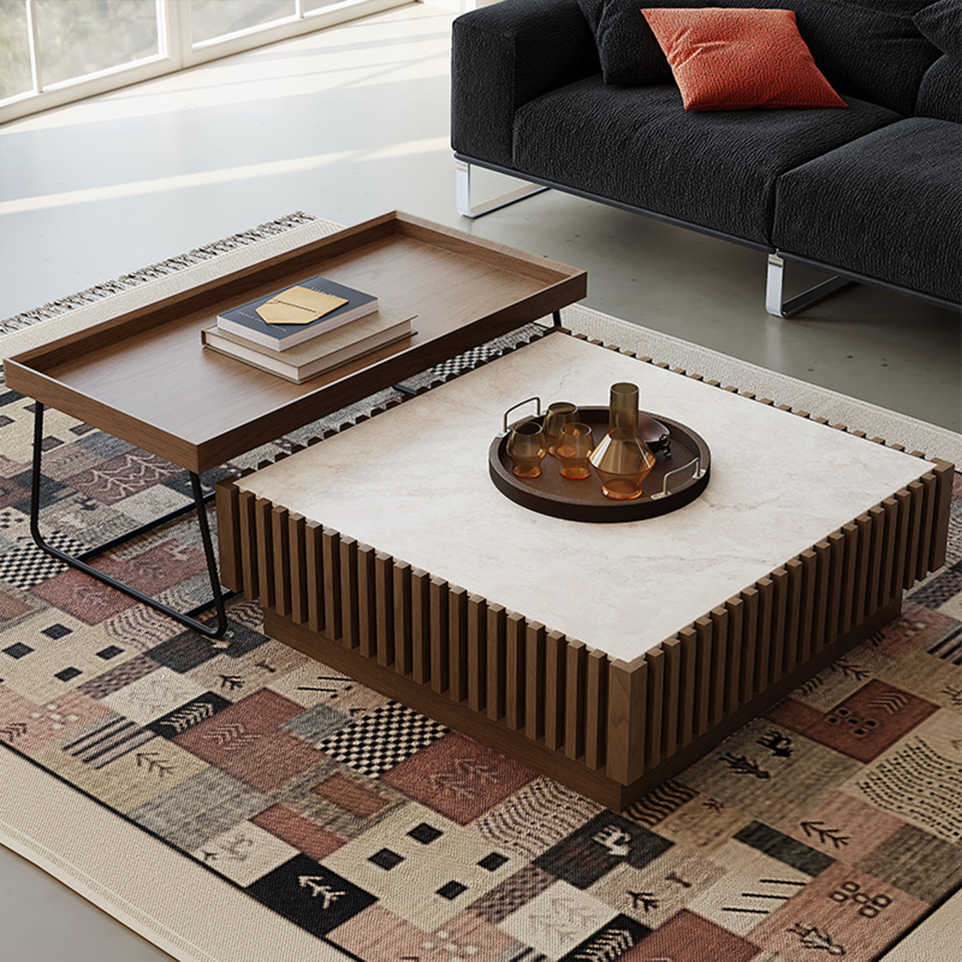 Tabor Mid Century Walnut Coffee Table Set-35.4″ & 20.4″