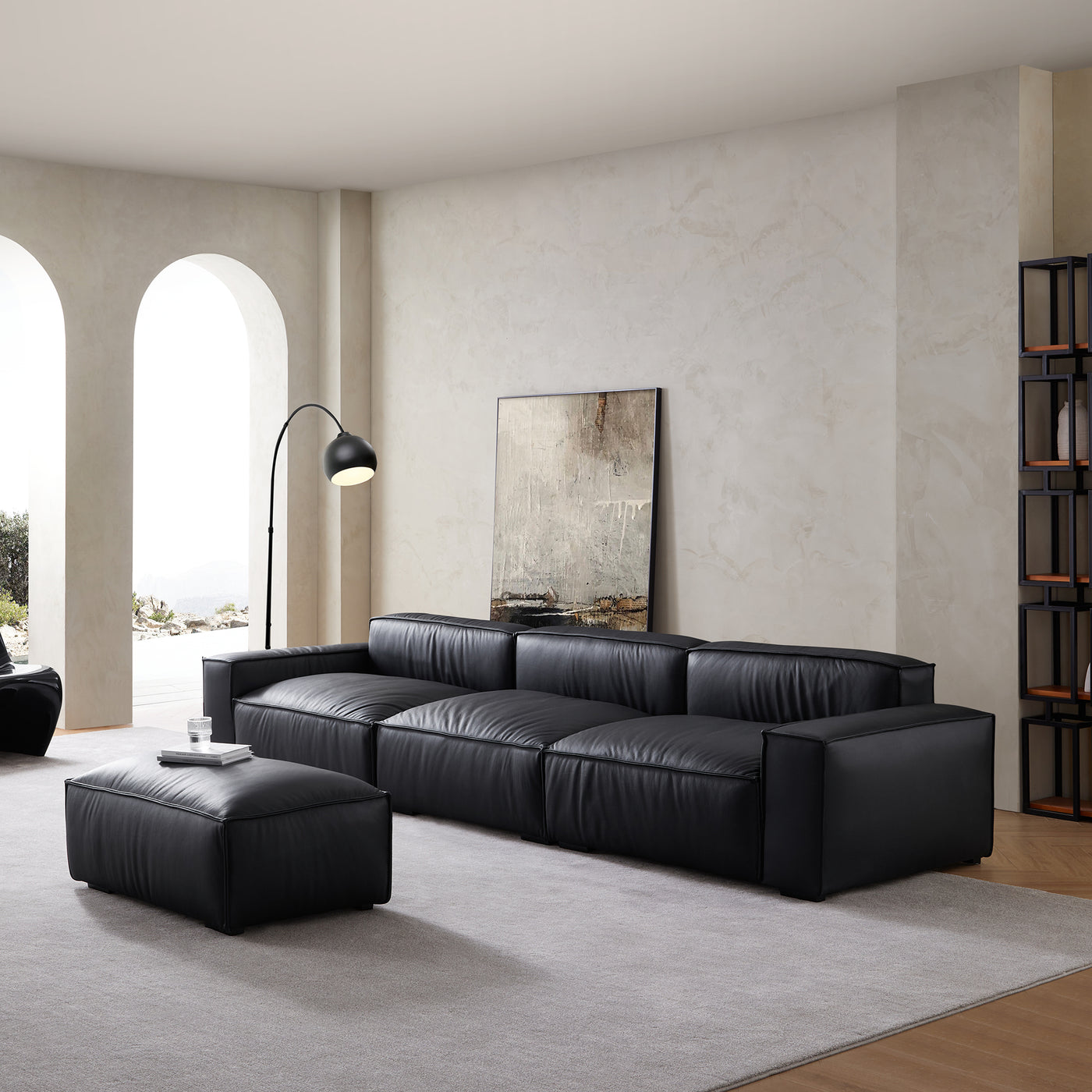 Luxury Minimalist Leather Black Sofa and Ottoman-Black