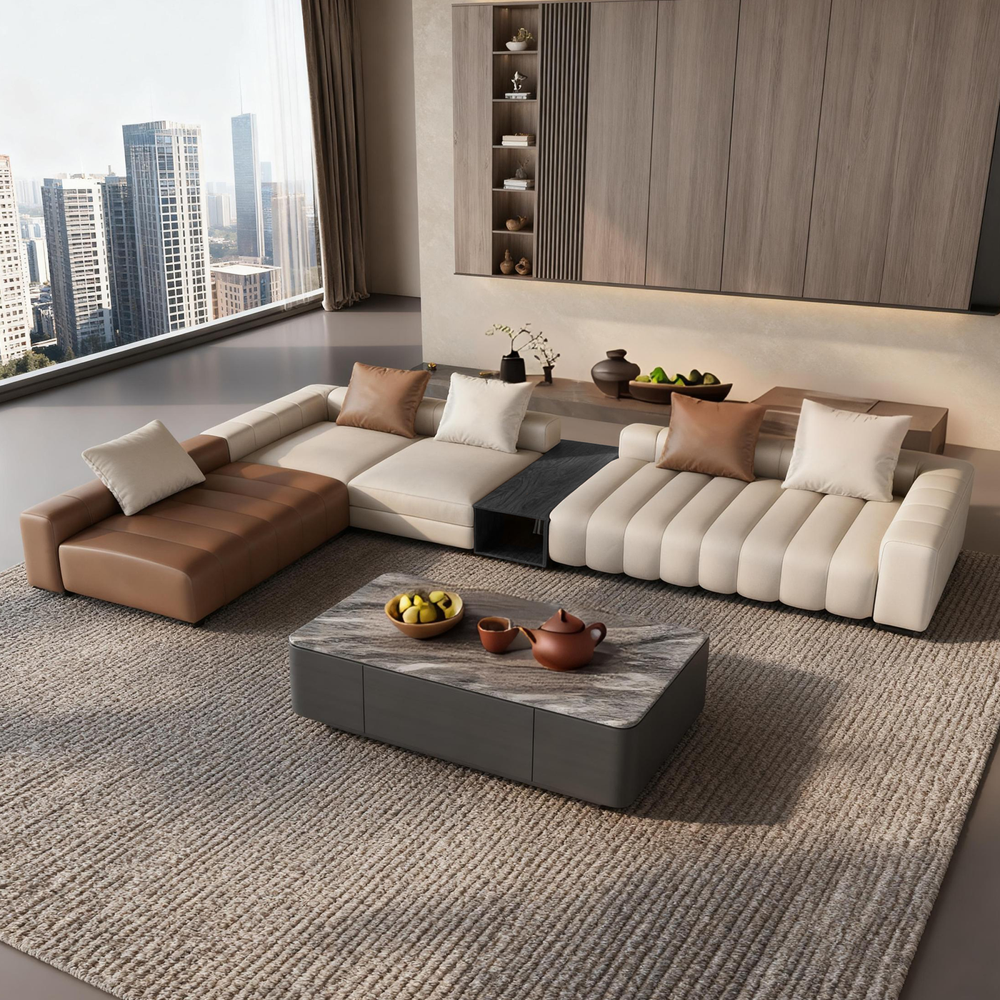 Piano L-Shaped Leather Sectional Sofa