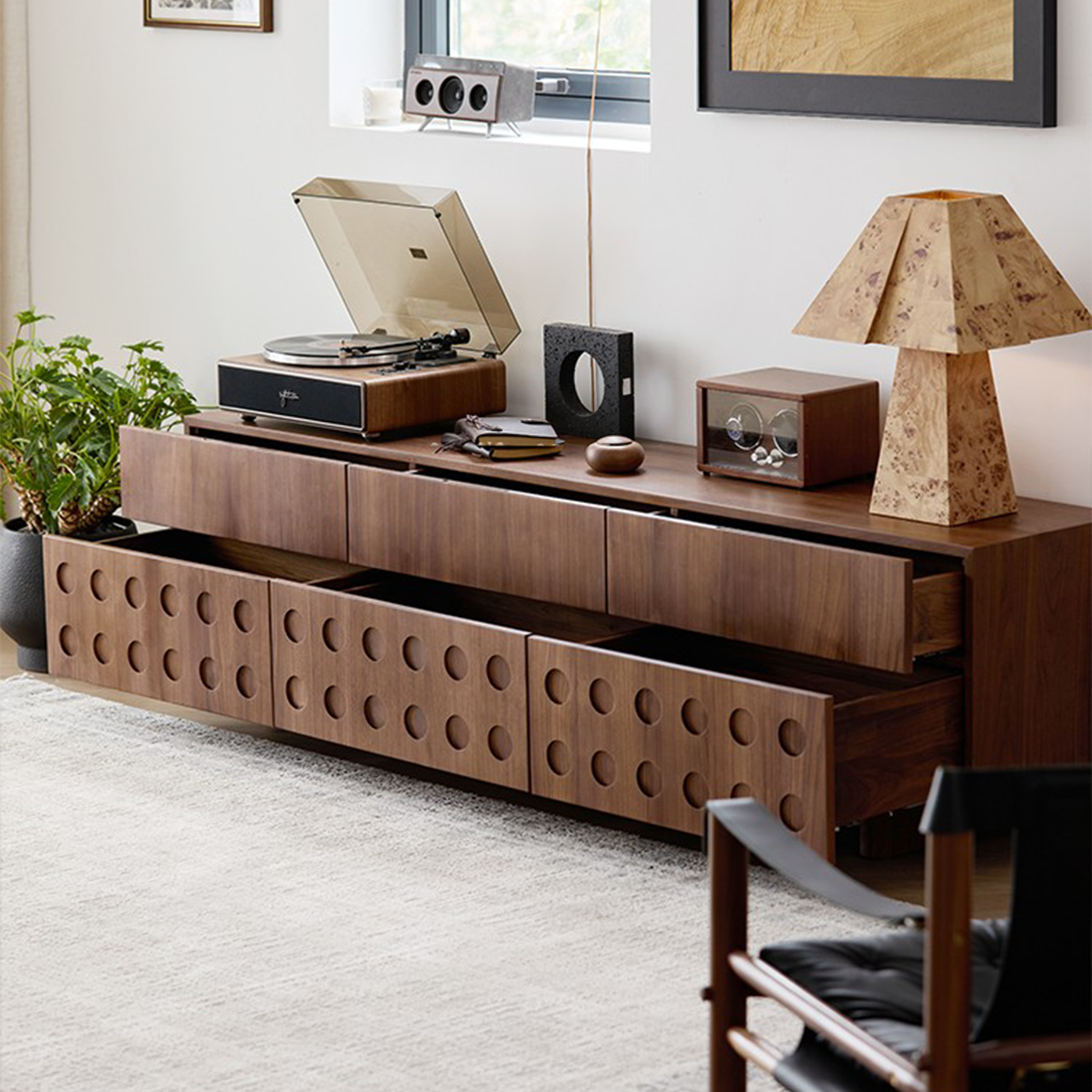 Circular Pattern Walnut TV Stand