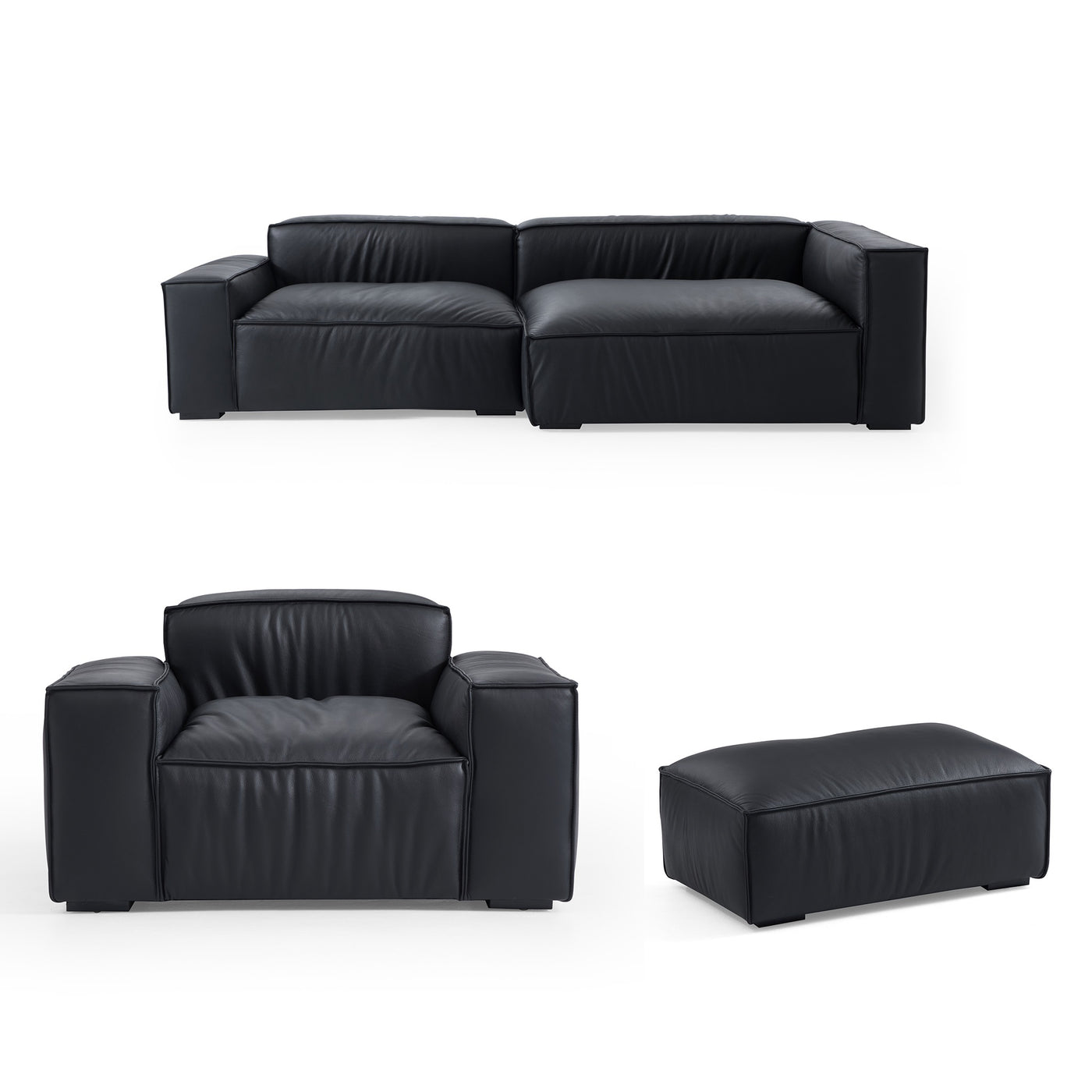 Luxury Minimalist Black Leather Sectional Set-Black-106.2"-Facing Right