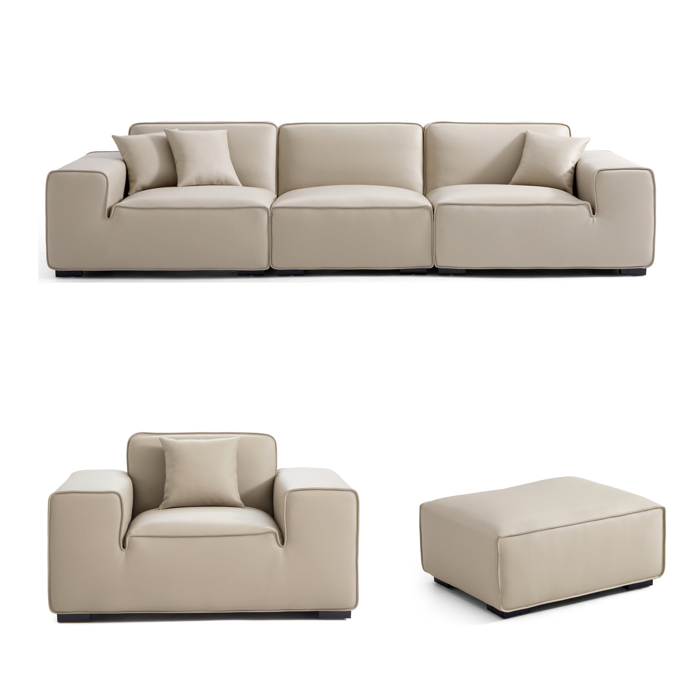 Domus Modular Black Leather Sofa Set-Beige-129.9″