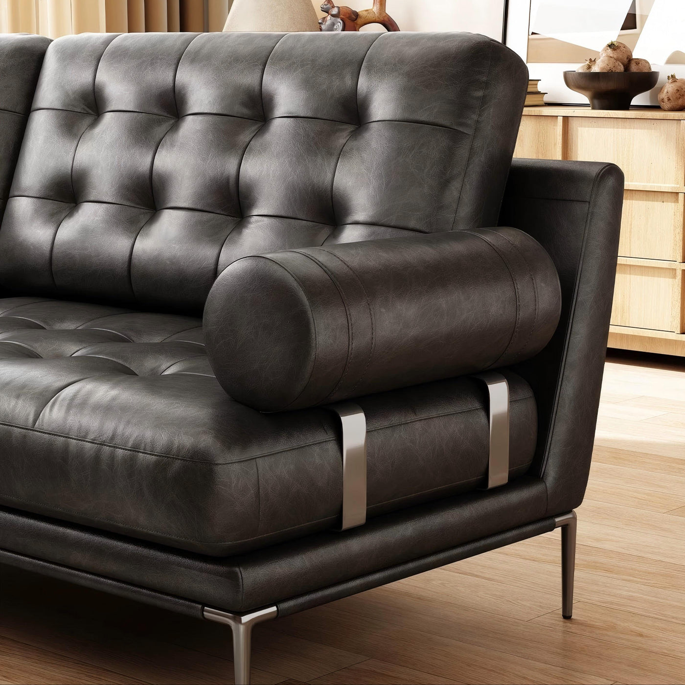 Espresso Tufted Leather Sofa-Black-102.3"