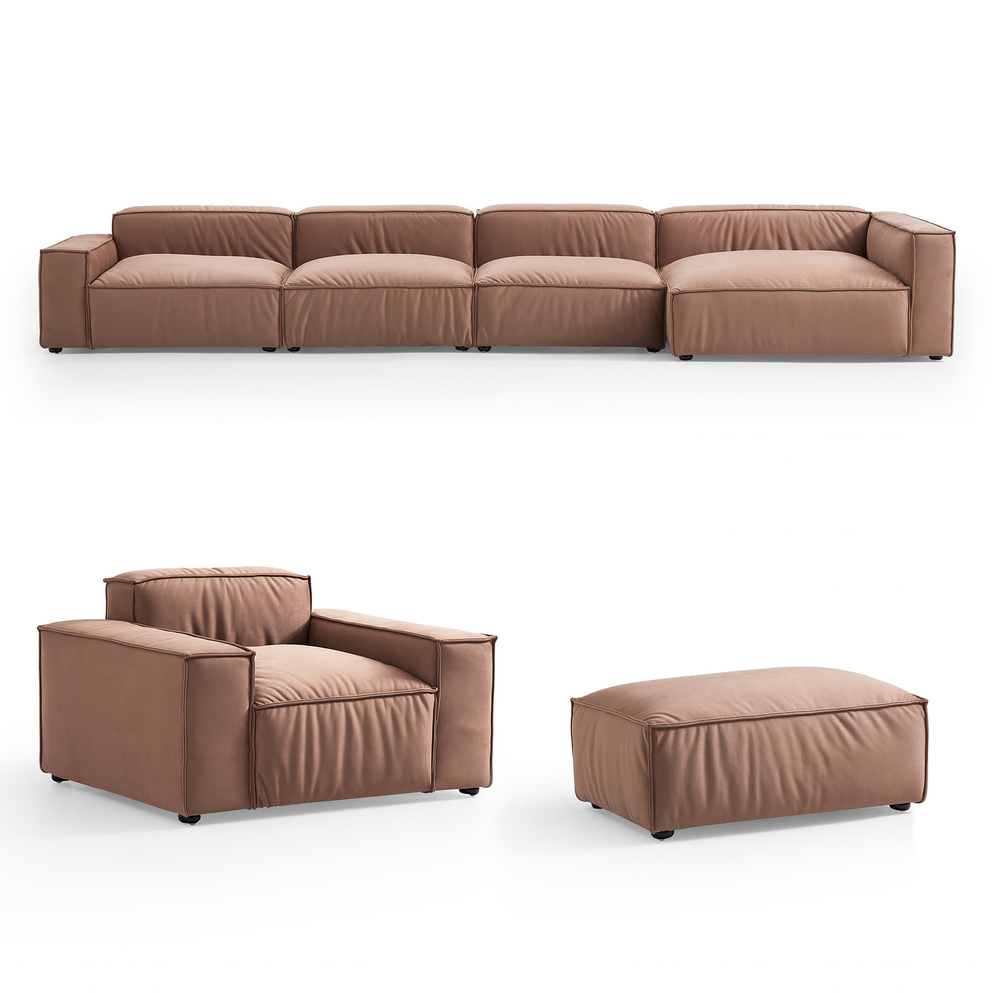 Luxury Minimalist Brown Fabric Sectional Set-Brown-185.0"-Facing Right