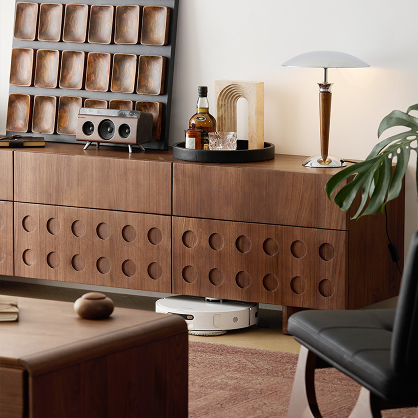 Circular Pattern Walnut TV Stand