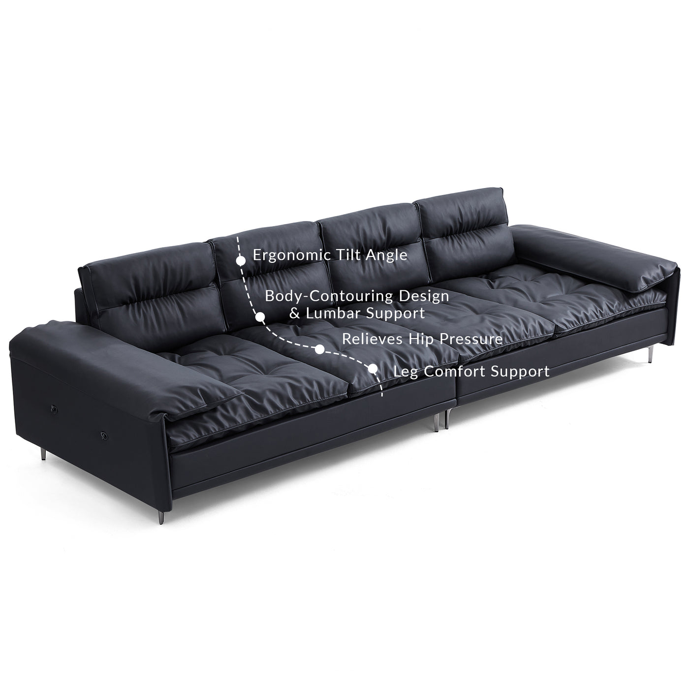 Lewis Adjustable Backrest Ultra Wide Leather Sofa-Black