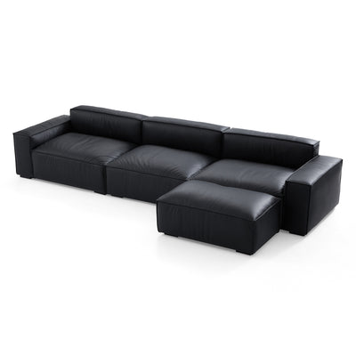 Luxury Minimalist Leather Black Sofa and Ottoman-Black-140.2"