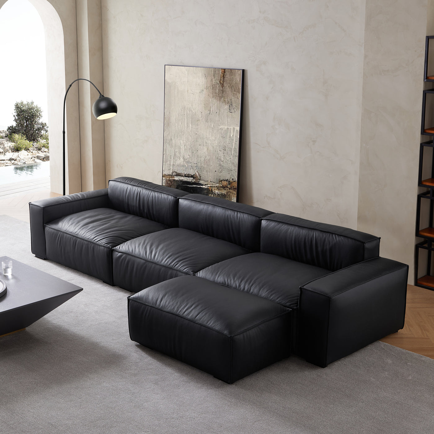 Luxury Minimalist Leather Black Sofa and Ottoman-Black