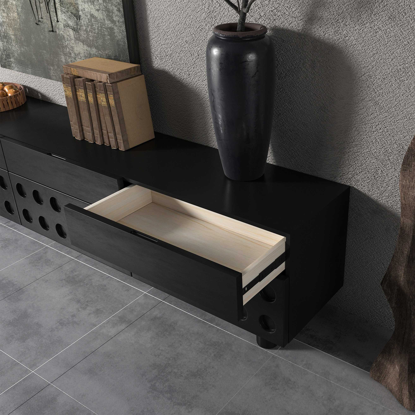 Circular Pattern Walnut TV Stand