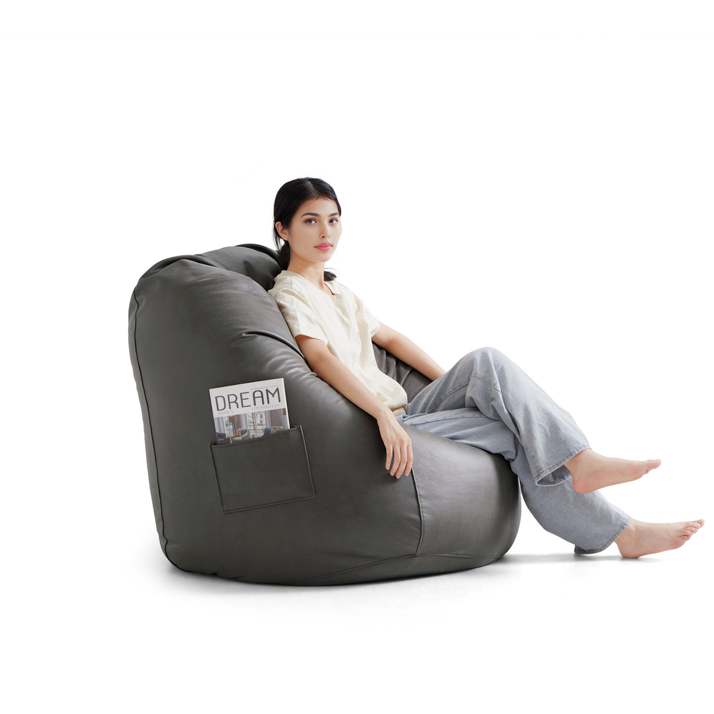 Litton Gray Leathaire Bean Bag-Gray