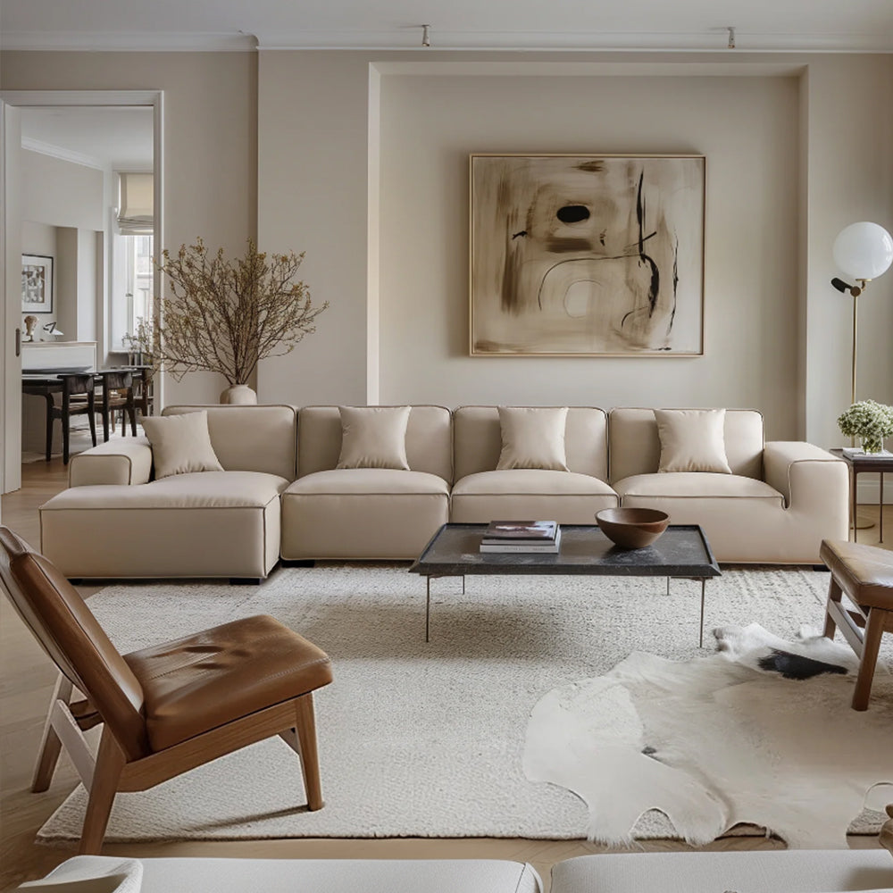 Domus Modular Beige Leather Sectional Sofa-Beige