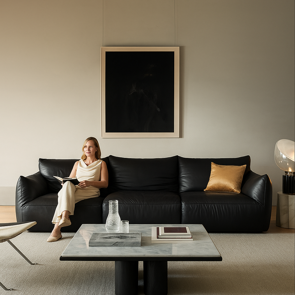 Croissant Noir Top Grain Leather Sofa-Black