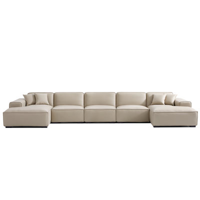 Domus Modular Beige Leather Double Chaise Sectional-Beige-192.9″