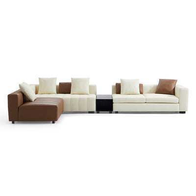 Piano L Shaped Leather Sectional Sofa with Coffee Table-Beige & Brown