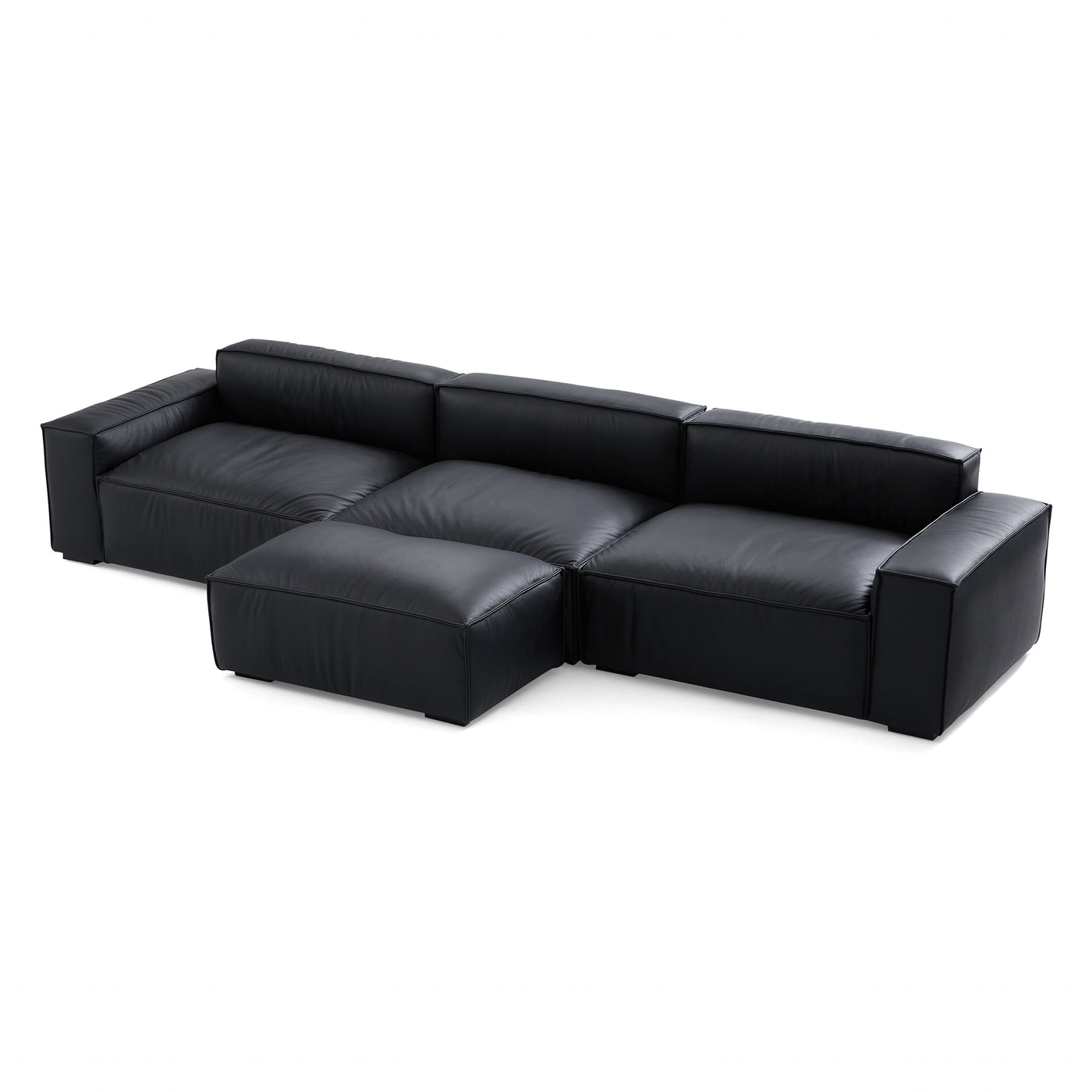 Luxury Minimalist Leather Black Sofa and Ottoman-Black-140.2"