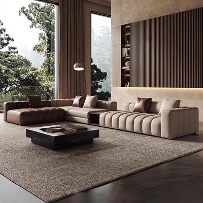 Piano L Shaped Leather Sectional Sofa with Coffee Table-Beige & Brown