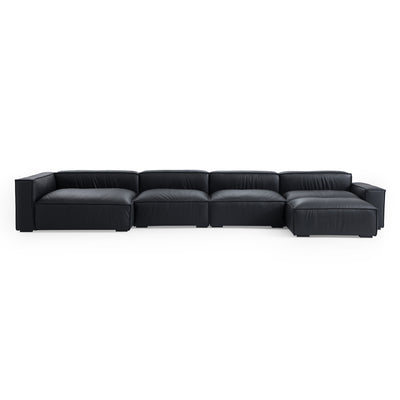 Luxury Minimalist Black Leather Sectional and Ottoman-Black-185.0"-Facing Left
