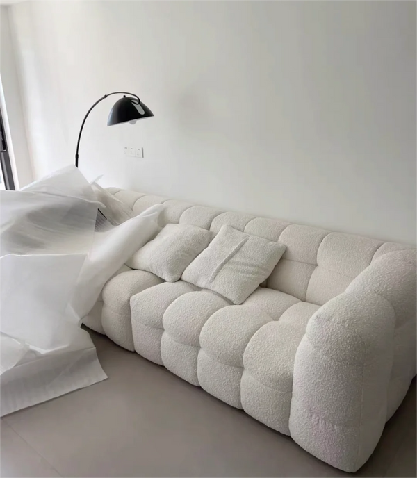 Cushy White Boucle Fabric Tufted Sofa With Ottoman