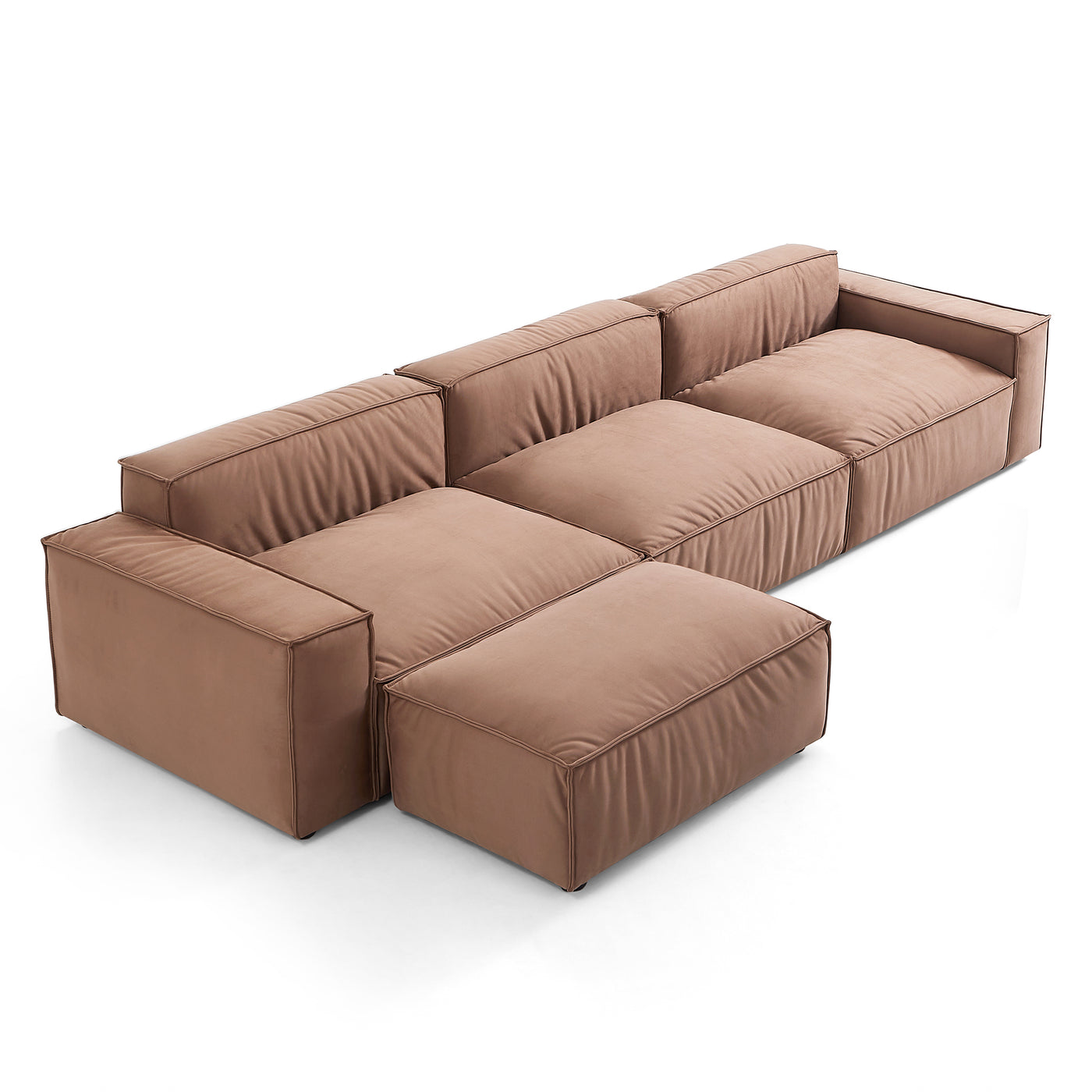 Luxury Minimalist Brown Fabric Sofa and Ottoman-Brown-140.2″