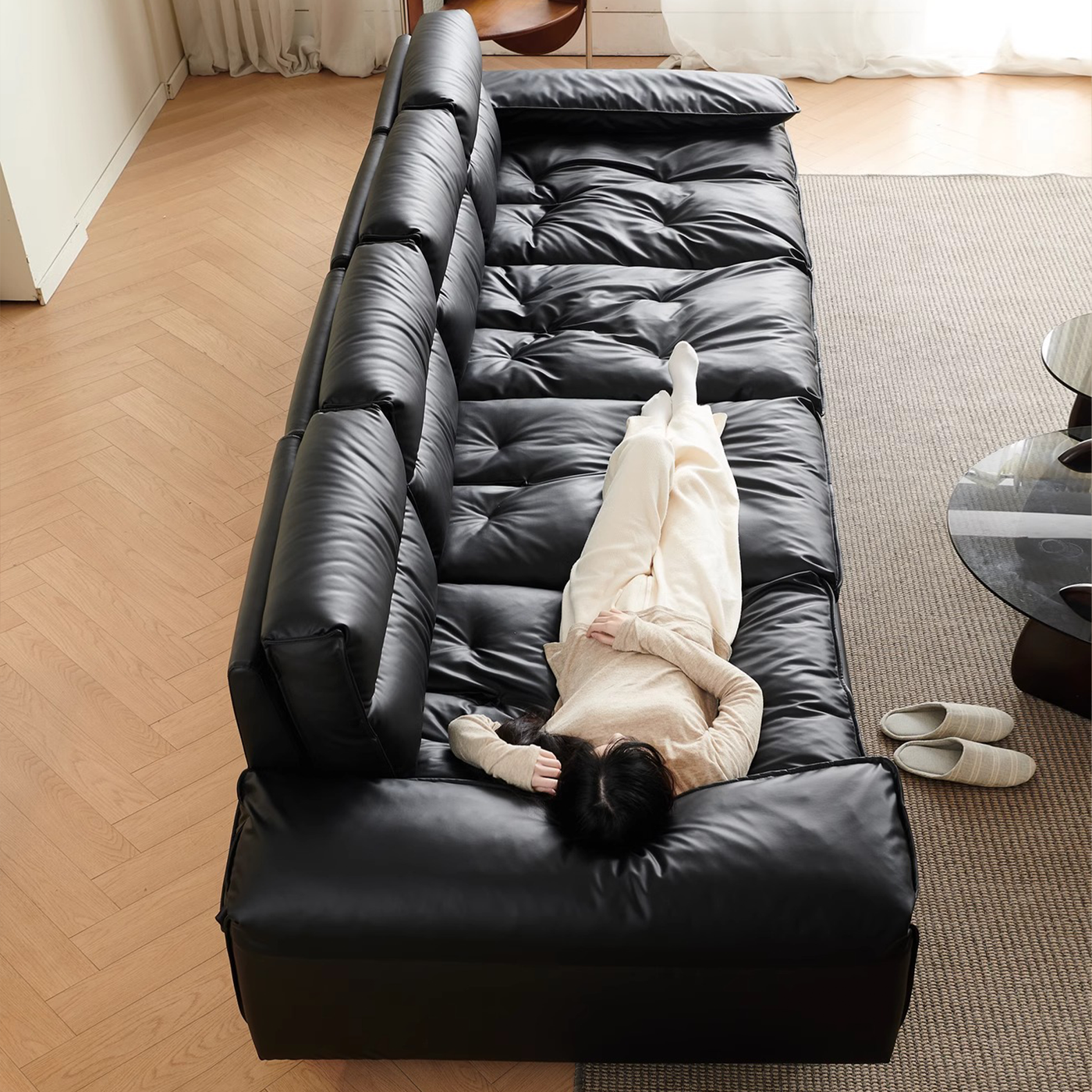Lewis Adjustable Backrest Ultra Wide Leather Sofa-Black
