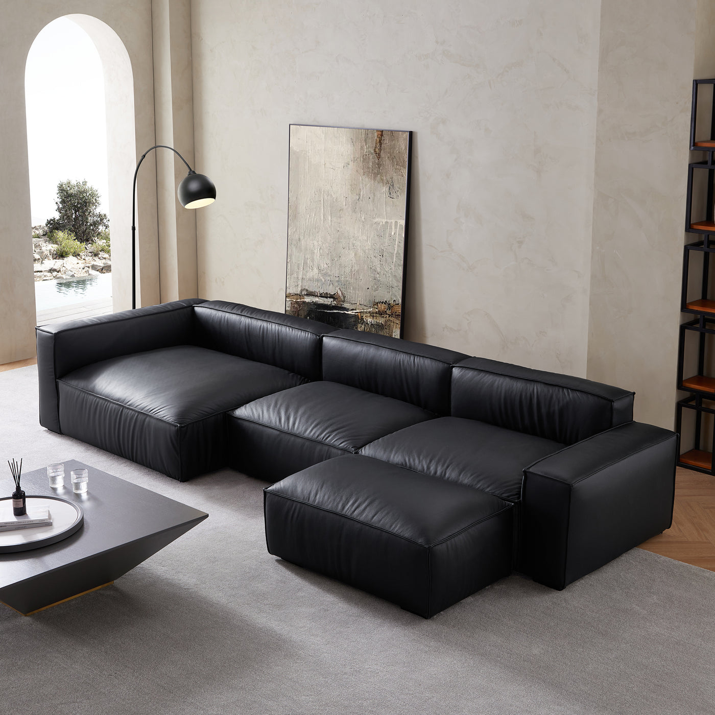 Luxury Minimalist Black Leather Sectional and Ottoman-Black