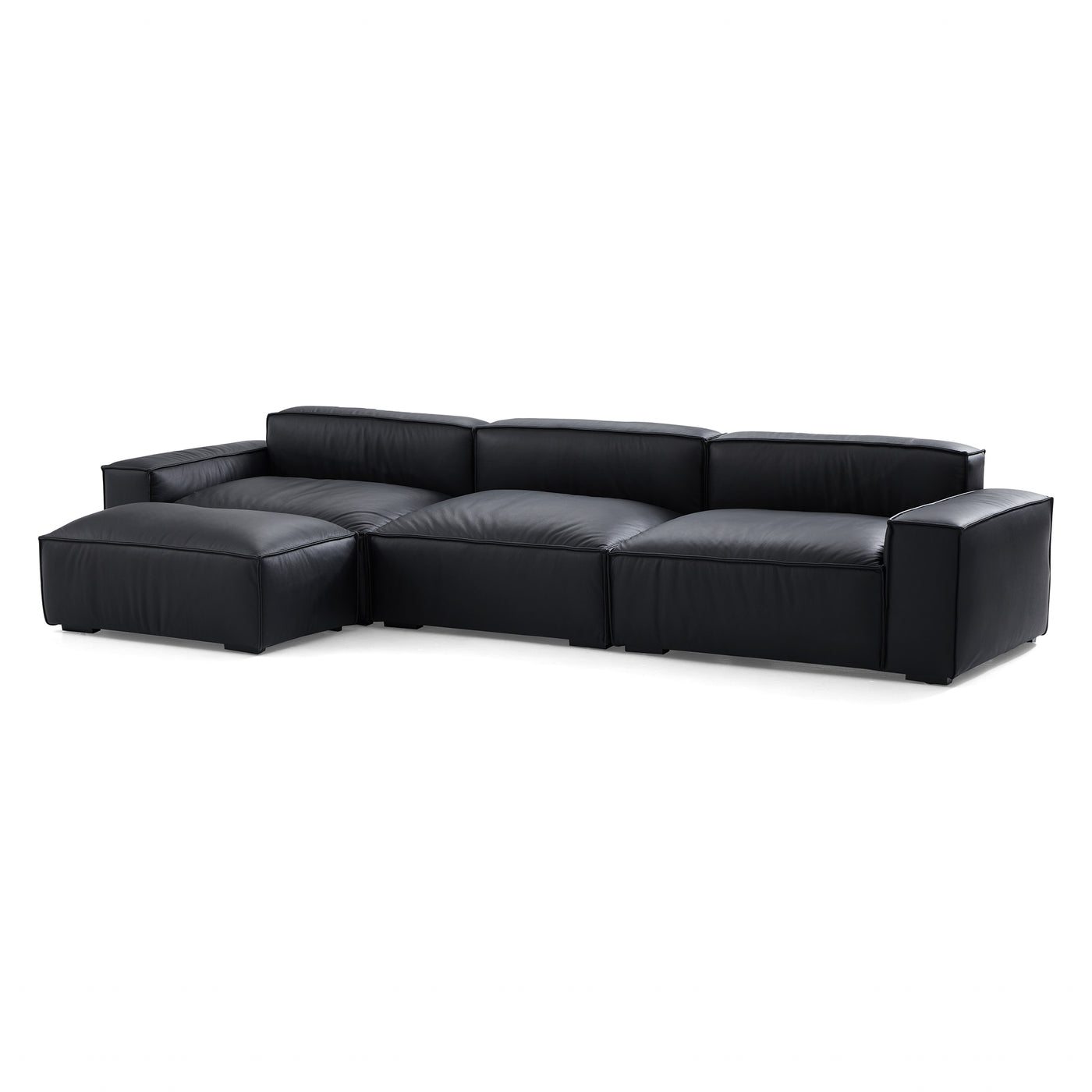 Luxury Minimalist Leather Black Sofa and Ottoman-Black-140.2"