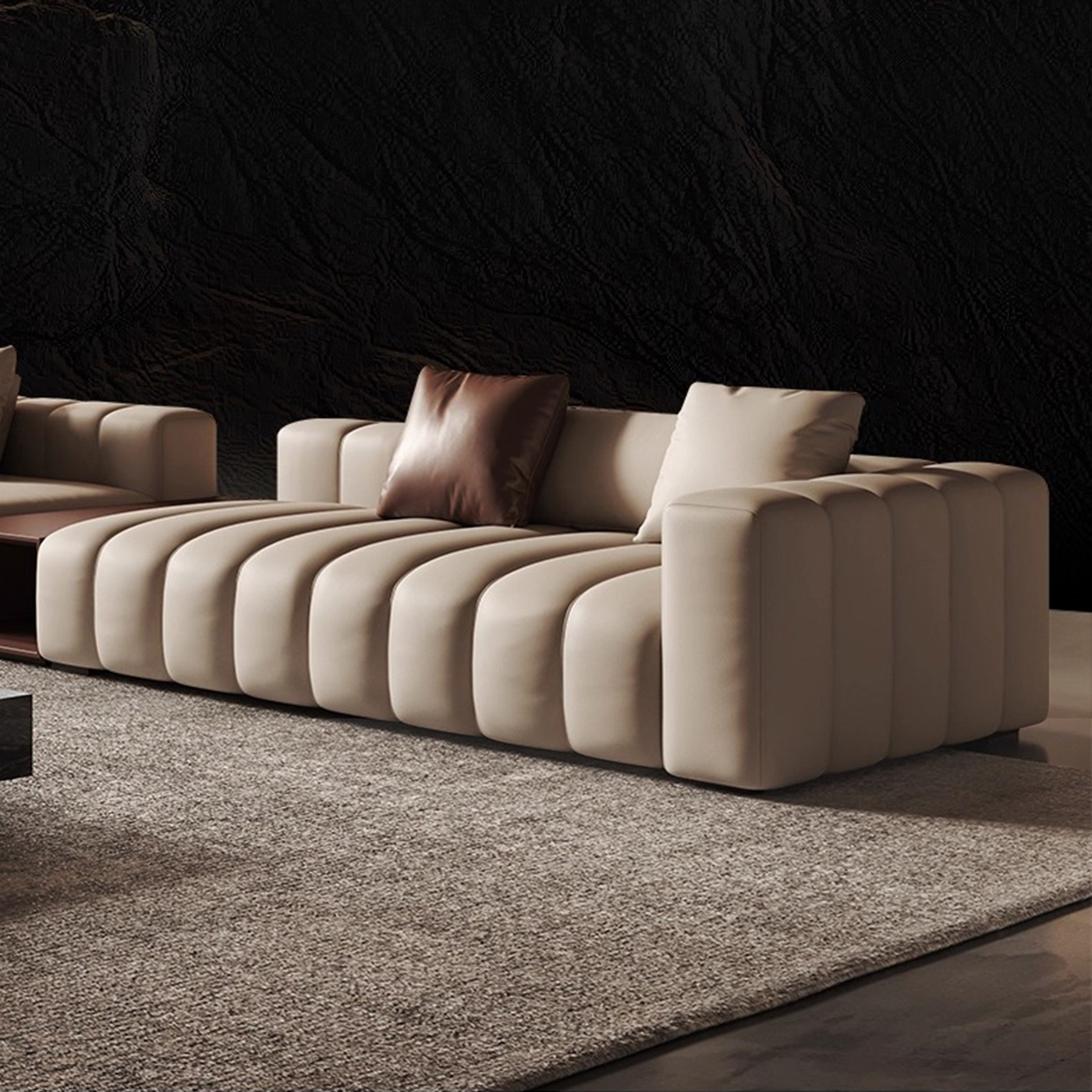 Piano L Shaped Leather Sectional Sofa with Coffee Table-Beige & Brown