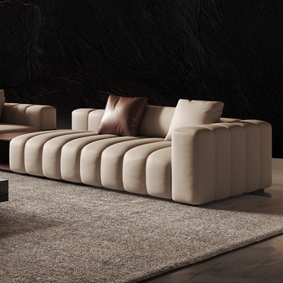 Piano L Shaped Leather Sectional Sofa with Coffee Table-Beige & Brown