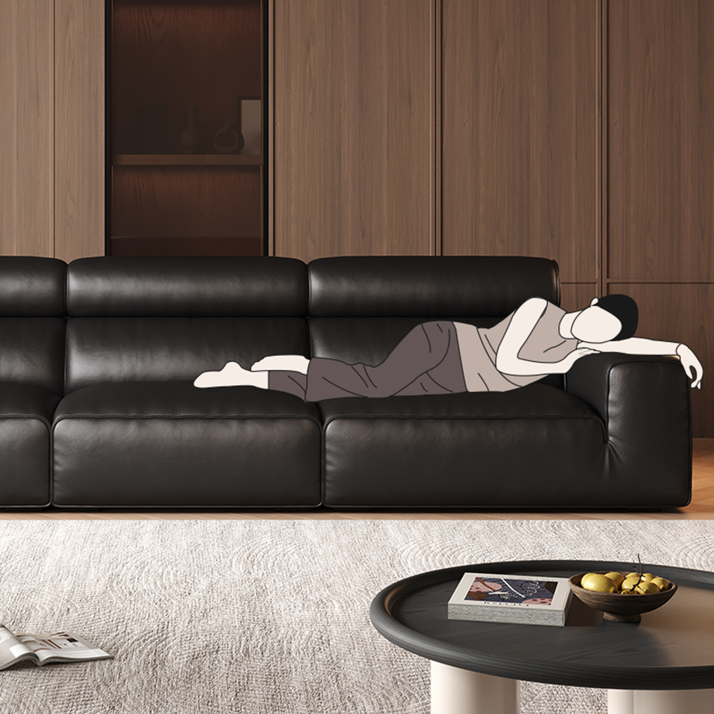 Domus High-Back Modular Leather Sofa-Black-129.9"