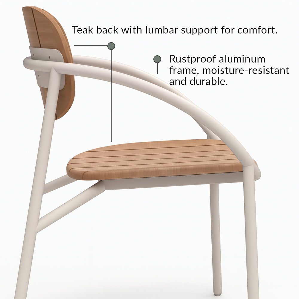 Chloe Outdoor 4 Person Patio Dining Set with Round Teak Top Table-White