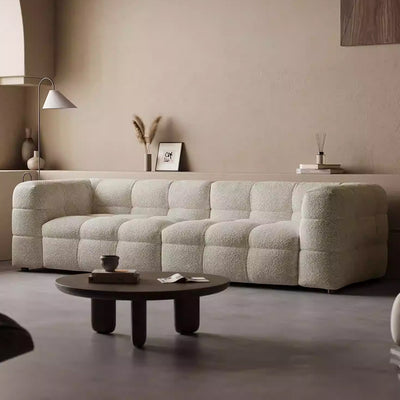 Cushy White Boucle Fabric Tufted Sofa