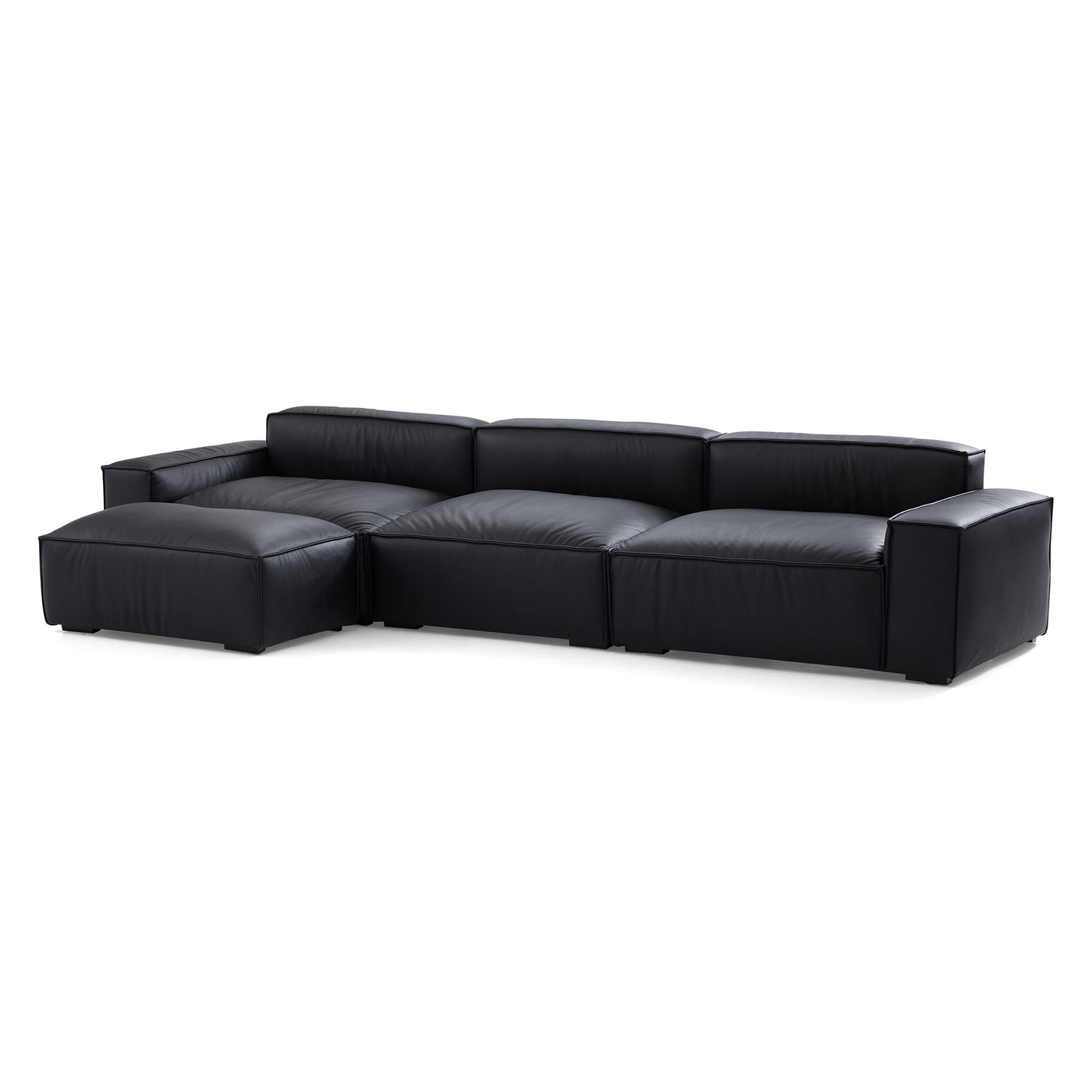 Luxury Minimalist Dark Brown Leather Sofa and Ottoman-Black-140.2"