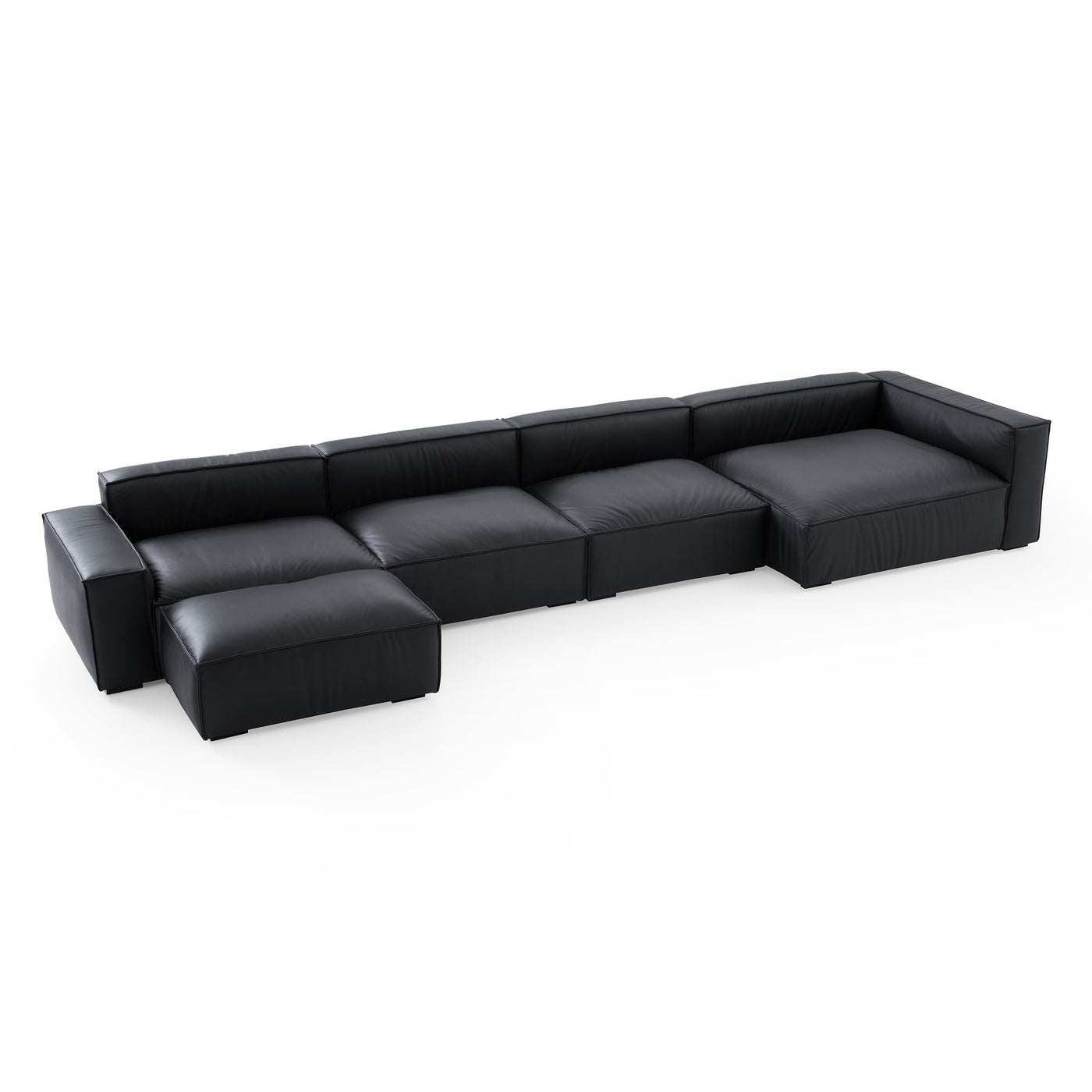 Luxury Minimalist Black Leather Sectional and Ottoman-Black-185.0"-Facing Right