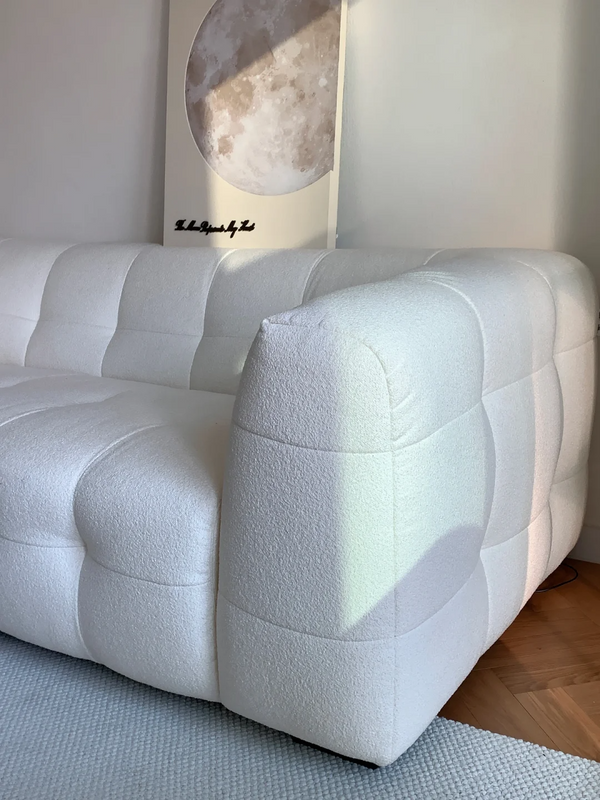 Cushy White Boucle Fabric Tufted Sofa With Ottoman