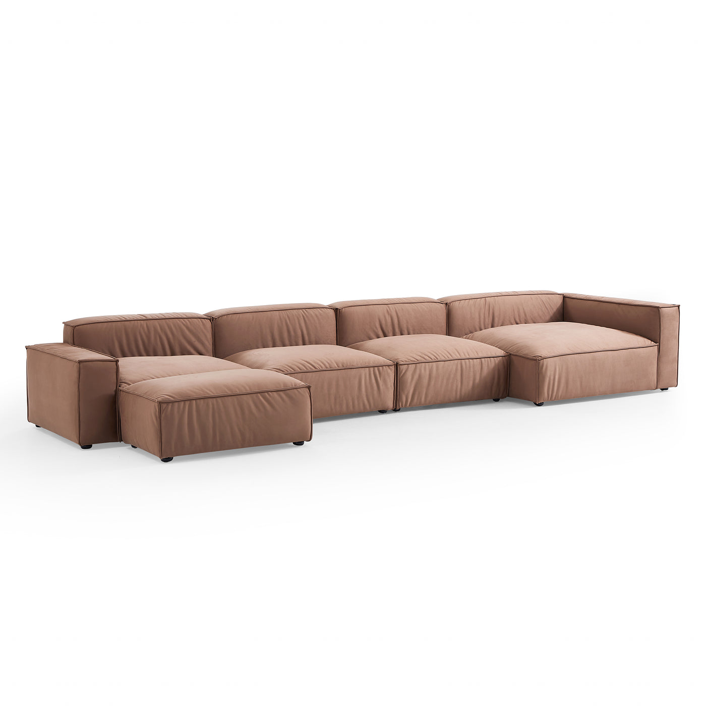 Luxury Minimalist Brown Fabric Sectional and Ottoman-Brown-185.0"-Facing Right