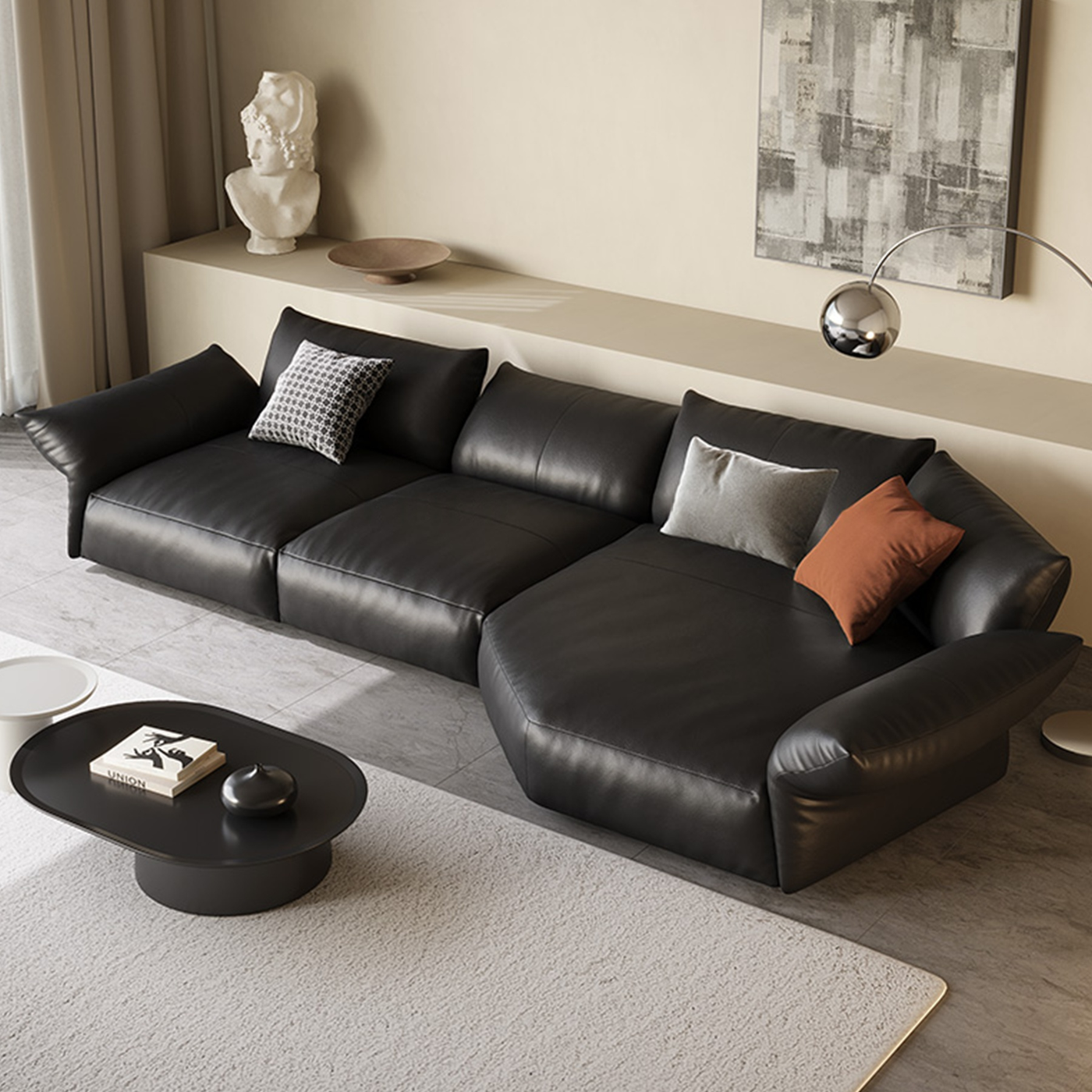Petalo Modern Leather Sectional-Black
