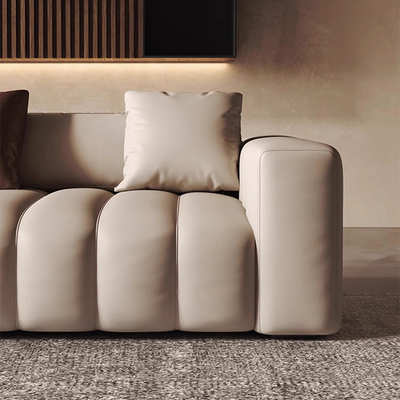 Piano L Shaped Leather Sectional Sofa with Coffee Table-Beige & Brown