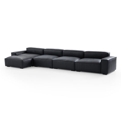 Luxury Minimalist Dark Brown Leather Sofa and Ottoman-Black-179.5"