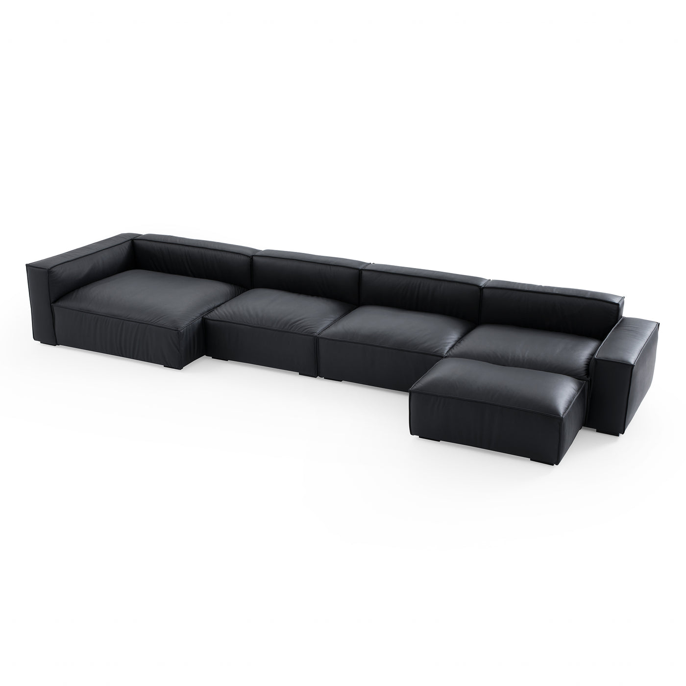 Luxury Minimalist Black Leather Sectional and Ottoman-Black-185.0"-Facing Left
