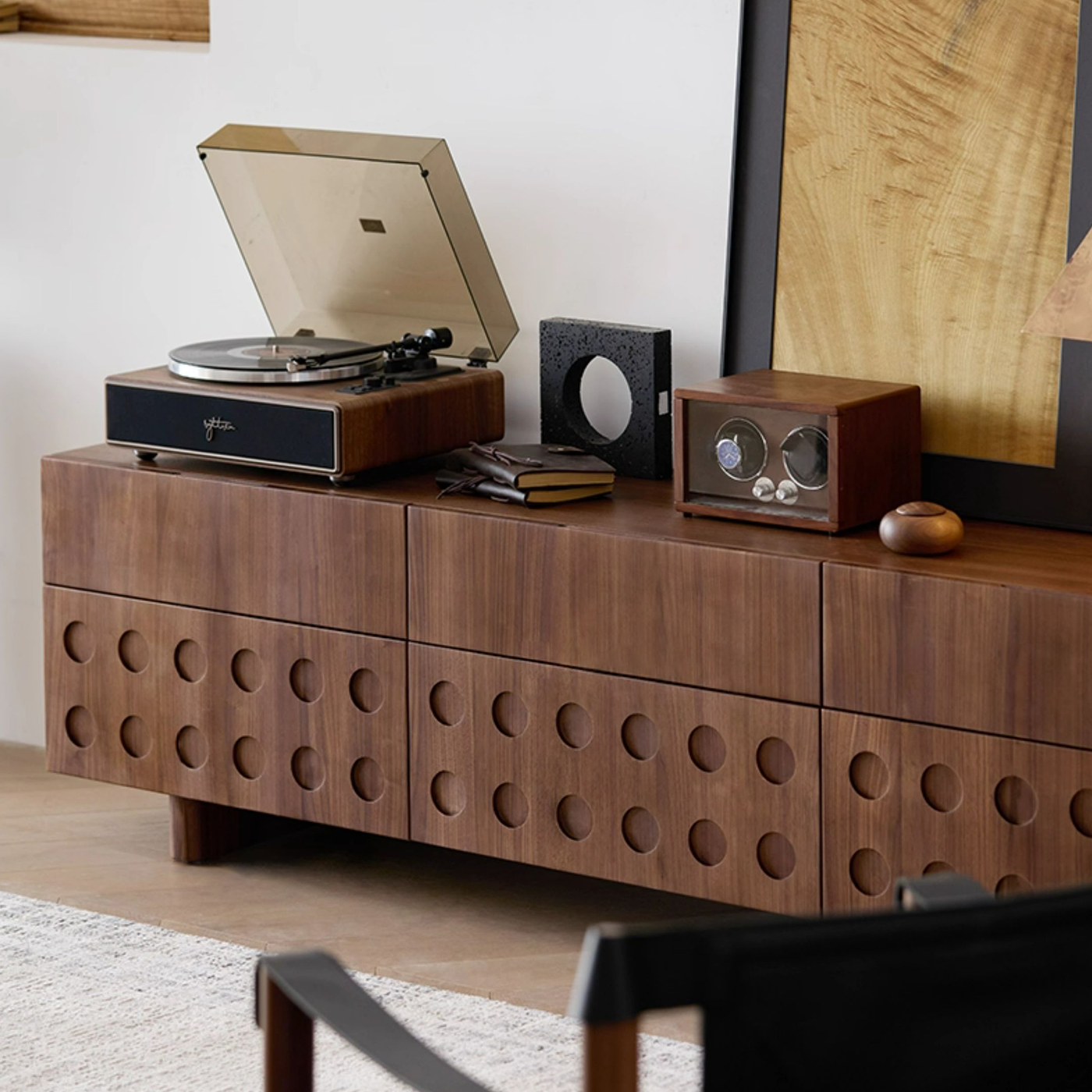 Circular Pattern Walnut TV Stand
