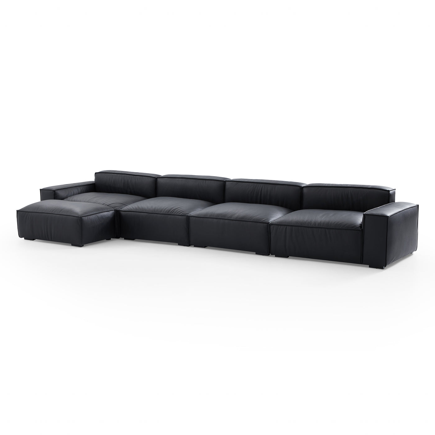 Luxury Minimalist Leather Black Sofa and Ottoman-Black-179.5"